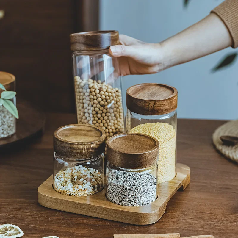Food Storage Glass Jar - 목재 뚜껑 오거나이저 유리 밀폐 용기,