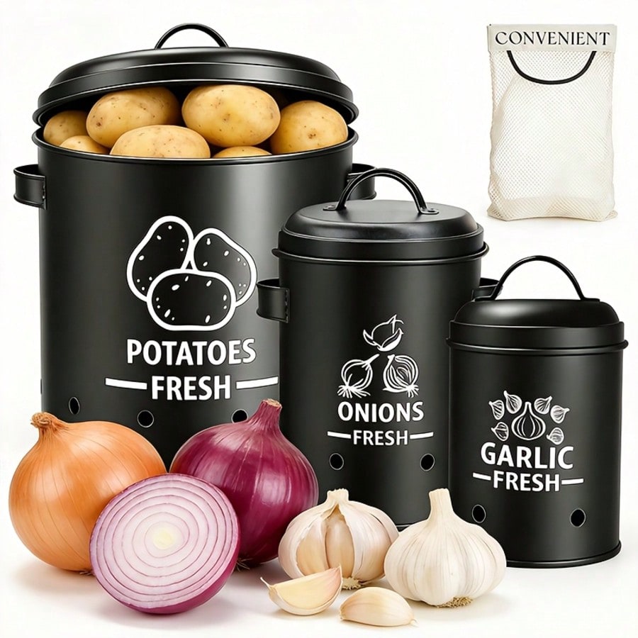 감자 양파 마늘 보관함 세트, 농가풍 블랙 메탈 3종  - Food Storage For Room 리뷰 및 가격